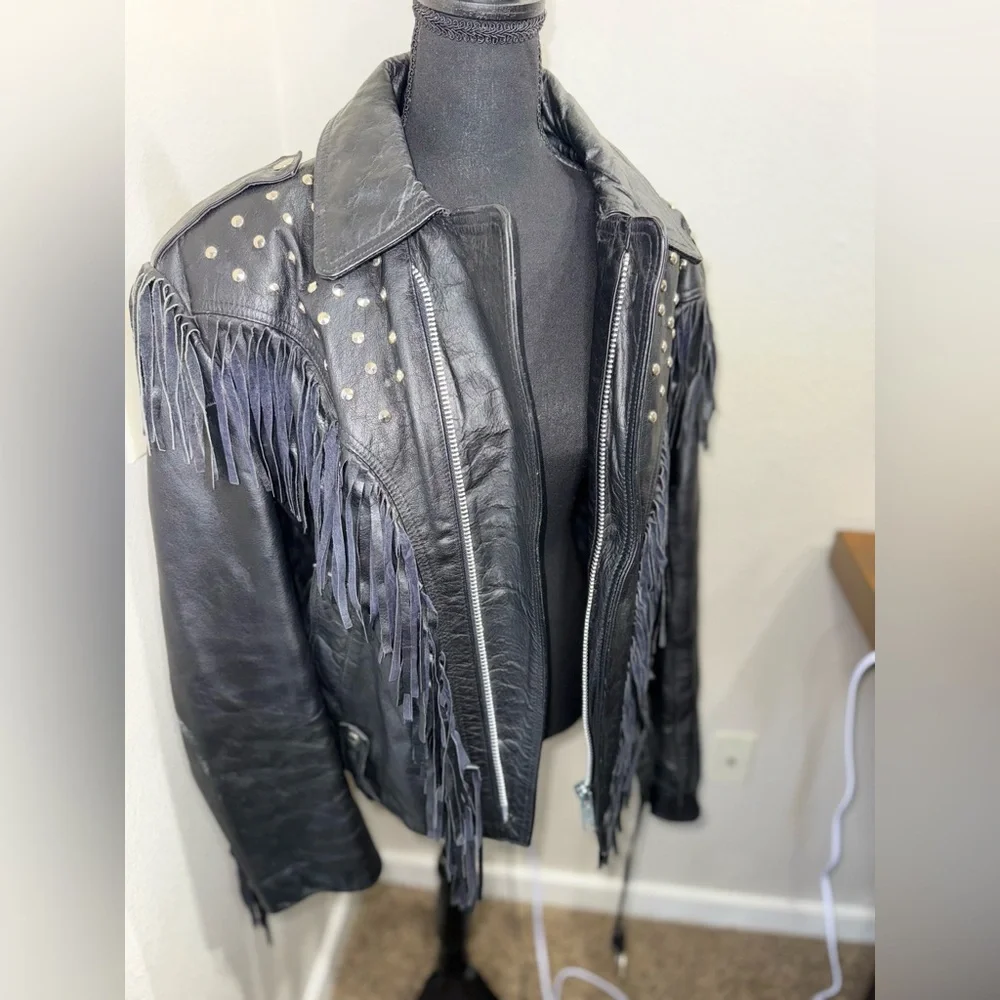 Vintage AMI London Fringe‎ Leather Jacket Studded Western Cowgirl Biker Rocker-L